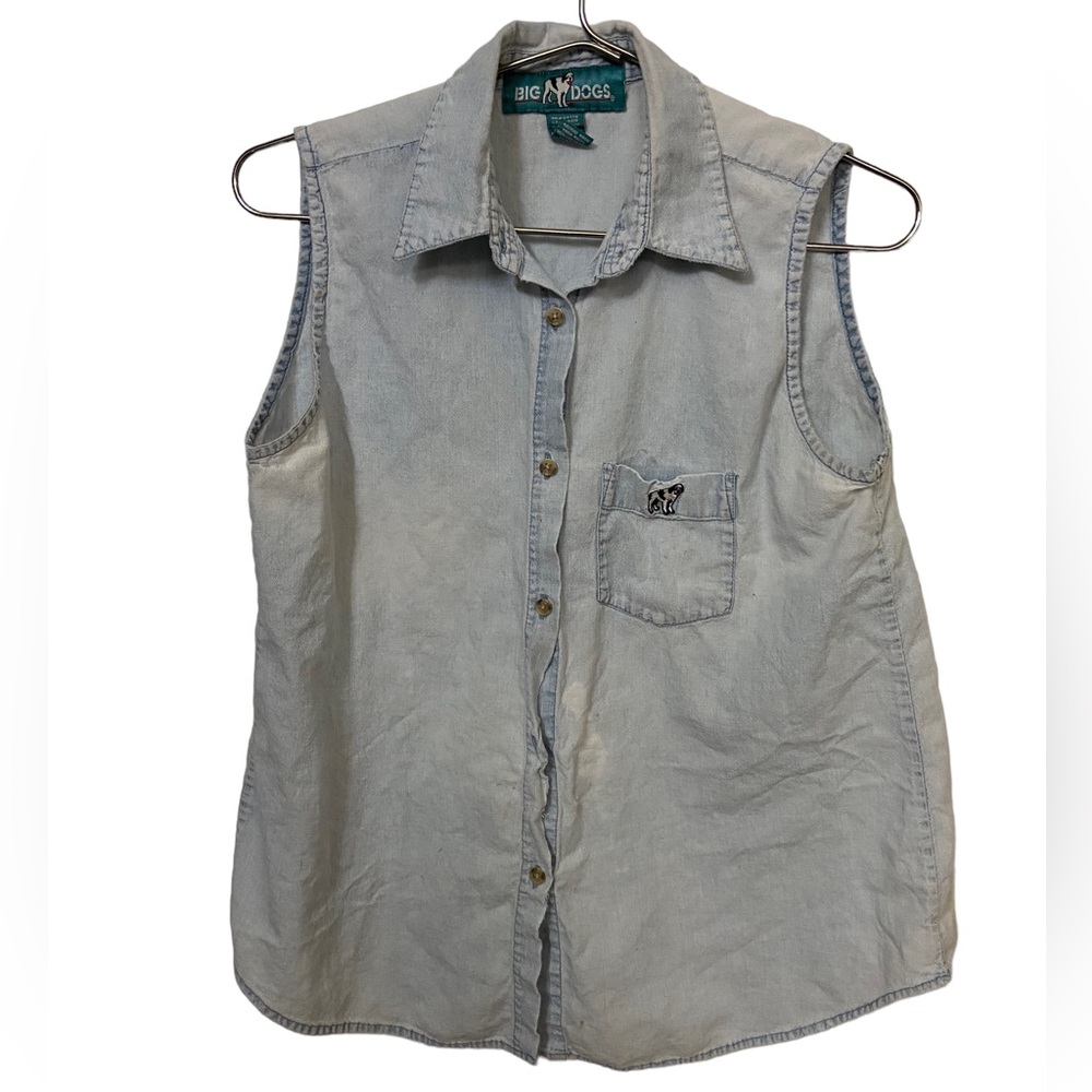 Vintage 90s Aged BIG DOGS White Wash Button Down Vest Shirt Women’s L Rare